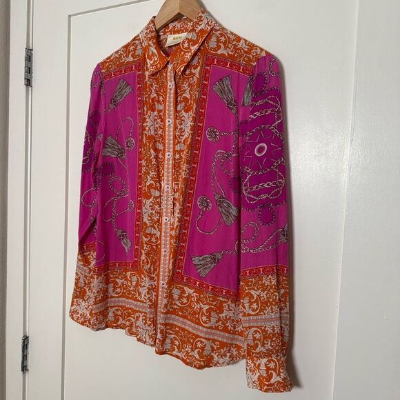 Maeve Anthropologie Potala Blouse Sz 8 Pink Orange Scarf Print Silk Button Up - Picture 2 of 12